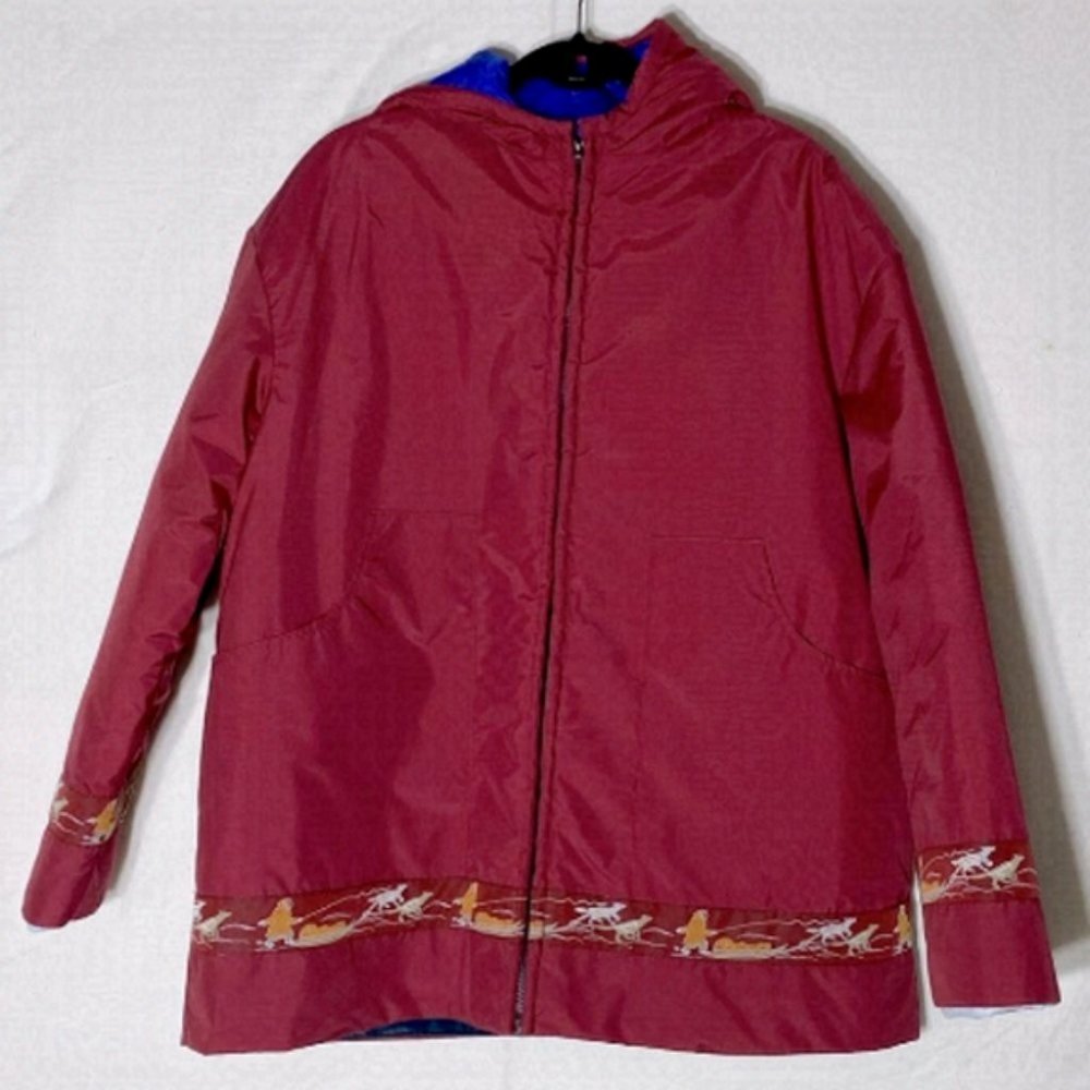 Handmade Burgundy Snow Storm Jacket Parka With Jacquard Dogsled Trim L